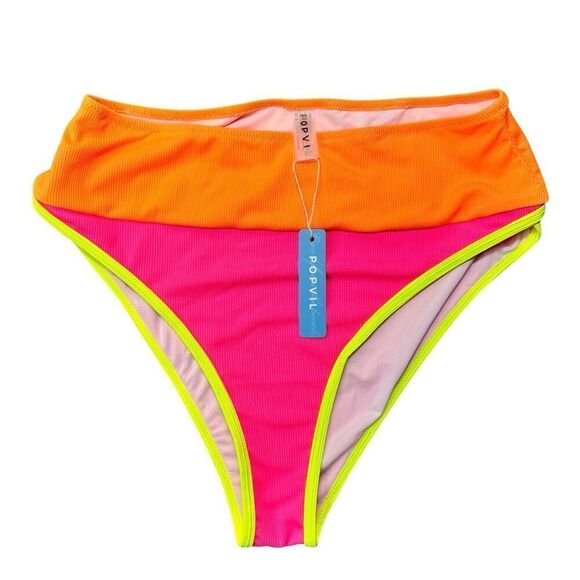 POPVIL Sz L High Waisted Bikini Bottom Neon Color Block Pink Yellow Orange NWT - Picture 1 of 10